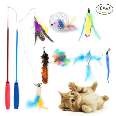 10 unids/set para mascotas plumas varita palo cabezas reemplazables Teaser juguetes saltando animales saltando tren Polo telescópica