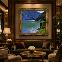 Pintura al Óleo de Paisaje de Lago Alpino, Arte de Pared en Lienzo Enmarcado en Oro Vintage, Hecho a Mano, Tamaño Personalizado para Hotel, Villa, Sala de Estar, Dormitorio