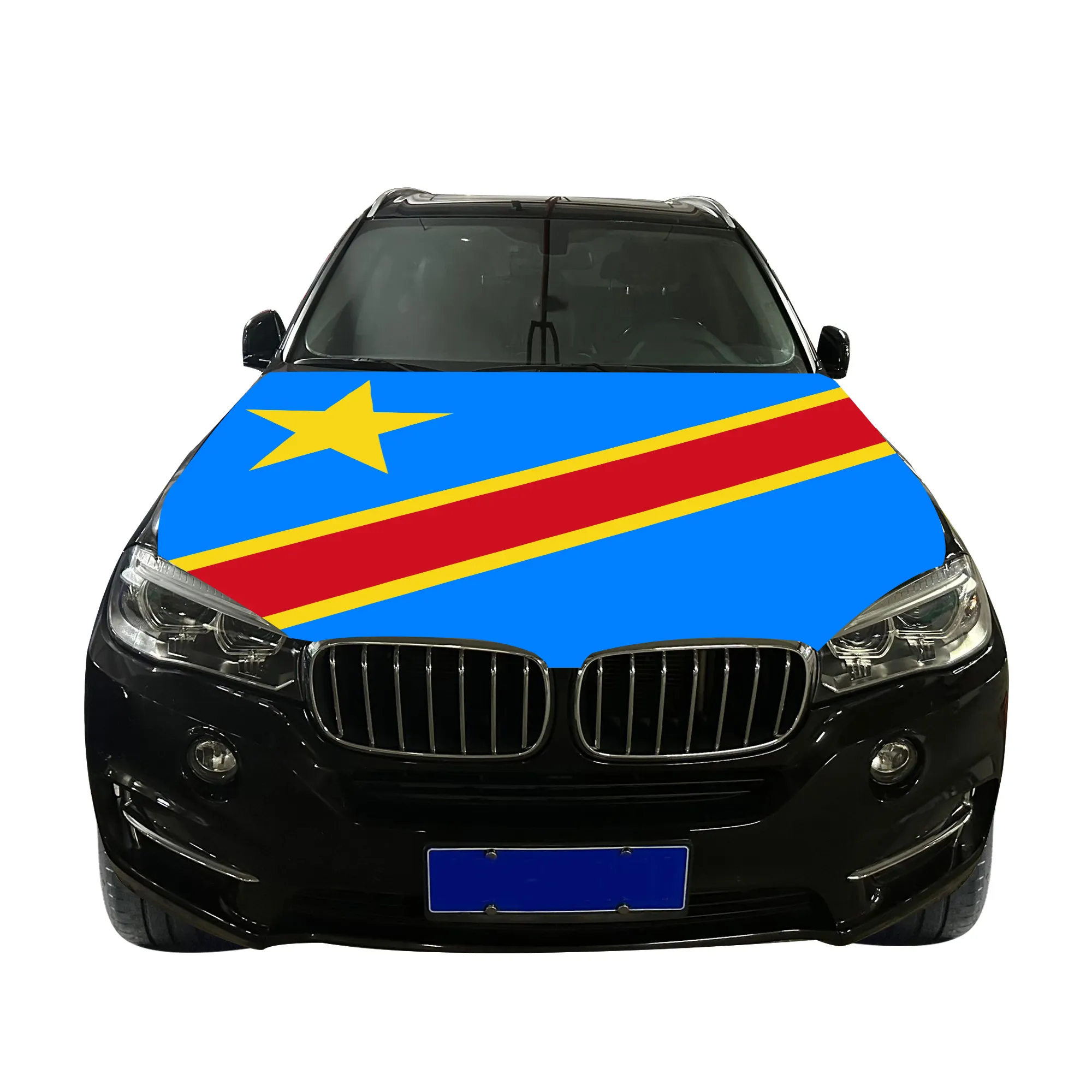 غطاء محرك السيارة من البوليستر المحاك عالي الجودة من جمهورية الكونغو الديمقراطية غطاء رأس السيارة على شكل علم البلدان العلامة التجارية