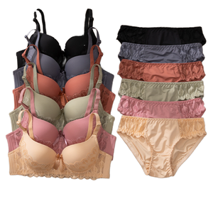 Ensemble soutien-gorge push-up halter rembourré sans couture respirant en dentelle une pièce et culotte string sexy, bonnet 3/4 uni teint - Product Image 1