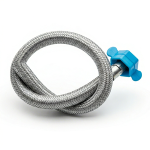 Manguera trenzada de acero inoxidable con conector de plástico azul y accesorios metálicos - Product Image 1