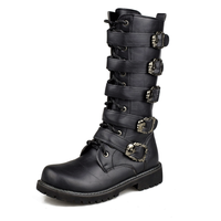 Bottes tactiques noires pour hommes à tige haute, avec boucles métalliques, semelle extérieure en caoutchouc antidérapante, bottes de moto tendance