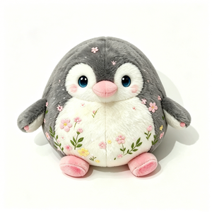Peluche pingouin brodée de fleurs personnalisée, adorable pingouin gris en peluche, poupée pingouin fleurie en tissu doux - Product Image 5