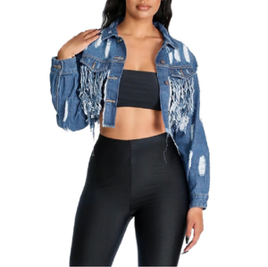 S-5XL Ripped and Washed <strong>Fringe</strong> Cut Back and Navel Sexy Short <strong>Denim</strong> <strong>Jacket</strong> for Women Holes Tassel <strong>Denim</strong> Coat - Product Image 4