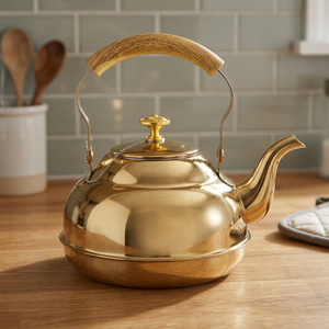 Bouilloire classique en métal doré avec poignée et couvercle en bois, théière, chauffe-eau - Product Image 2