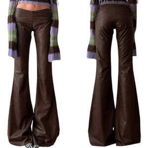 Pantalones Ajustados de Moda Coreana Vintage para Mujer, Color Marrón, PU Transpirable, con Parches, Cintura con Cordón, Venta al por Mayor OEM, Novedad 2025 - Product Image 6