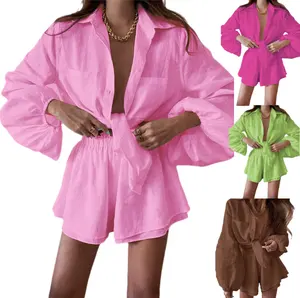 3XL Source Factory Wholesale Custom Logo Women Casual Long Puff Sleeves Shorts 2 Piece Set Plus Size Women Sets