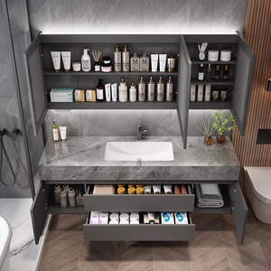 Gabinete de baño inteligente con espejo y almacenamiento, montado en la pared, con encimera de losa de mármol, avanzado y fácil de limpiar. - Product Image 5