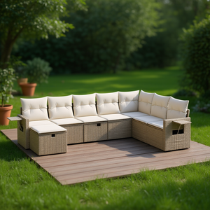 Conjunto de Sofás de Jardín de Ratán Beige, Muebles de Exterior con Almacenamiento, Diseño Contemporáneo, Cojines de Espuma de Alta Densidad Resistentes al Agua - Product Image 2
