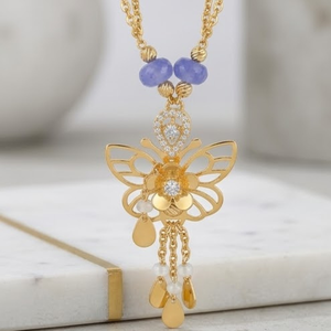 925 Silver Butterfly Necklace Set for Women Designer Floral Pendant <b>Blue</b> <b>Bead</b> Mala Matching Earrings Jewelry - Product Image 2