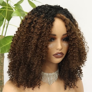Pelucas de <span class=keywords><strong>Cabello</strong></span> Humano Afro Rizado con Reflejos Marrones y Flequillo, Listas para Usar, Sin Pegamento, Peluca Corta Rizada, Hecha a Máquina - Product Image 1