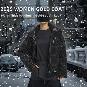 Womens Black Gold <b>Sequin</b> Puffer <b>Jacket</b> Stand Collar Zip Up Winter Coat Woven Padded Outerwear Fashion Casual Short <b>Jacket</b> - Product Image 2