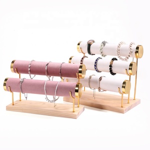 ขายปลีก 3 ชั้นโลหะทอง T-Bar ไม้เครื่องประดับออแกไนเซอร์ขาตั้งสร้อยข้อมือกําไลข้อมือนาฬิกาผู้ถือโลโก้ - Product Image 2