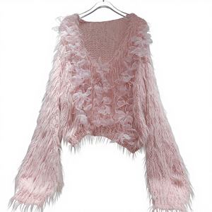 <span class=keywords><strong>Manteau</strong></span> doux en fausse fourrure tricoté style féerique avec fleurs en mohair 3D, col en V, longueur moyenne, coupe ajustée, pour femme enceinte, style vintage - Product Image 1