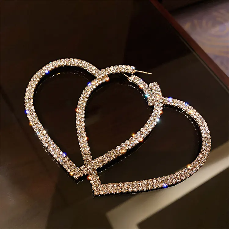 925 Silver Needle Love Earrings 2021 Korean Fashion Large Full Rhinestone Hoop Earrings