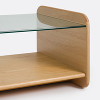 Table basse rectangulaire moderne à 2 niveaux en verre trempé avec étagère de rangement en placage de chêne, montage facile pour salon et hôtel