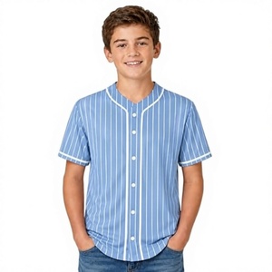 Maillot de baseball pour homme à manches courtes, bleu clair uni, col baseball, boutonnage frontal, coupe classique, en polyester respirant - Product Image 1