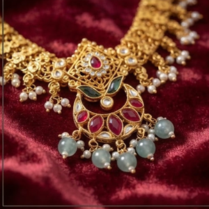 Conjunto de Joyería Étnica Tradicional Prayom, Collar y Aretes Chapados en Oro, Colgante con Perlas de Circonio para Boda, de Gujarat - Product Image 4