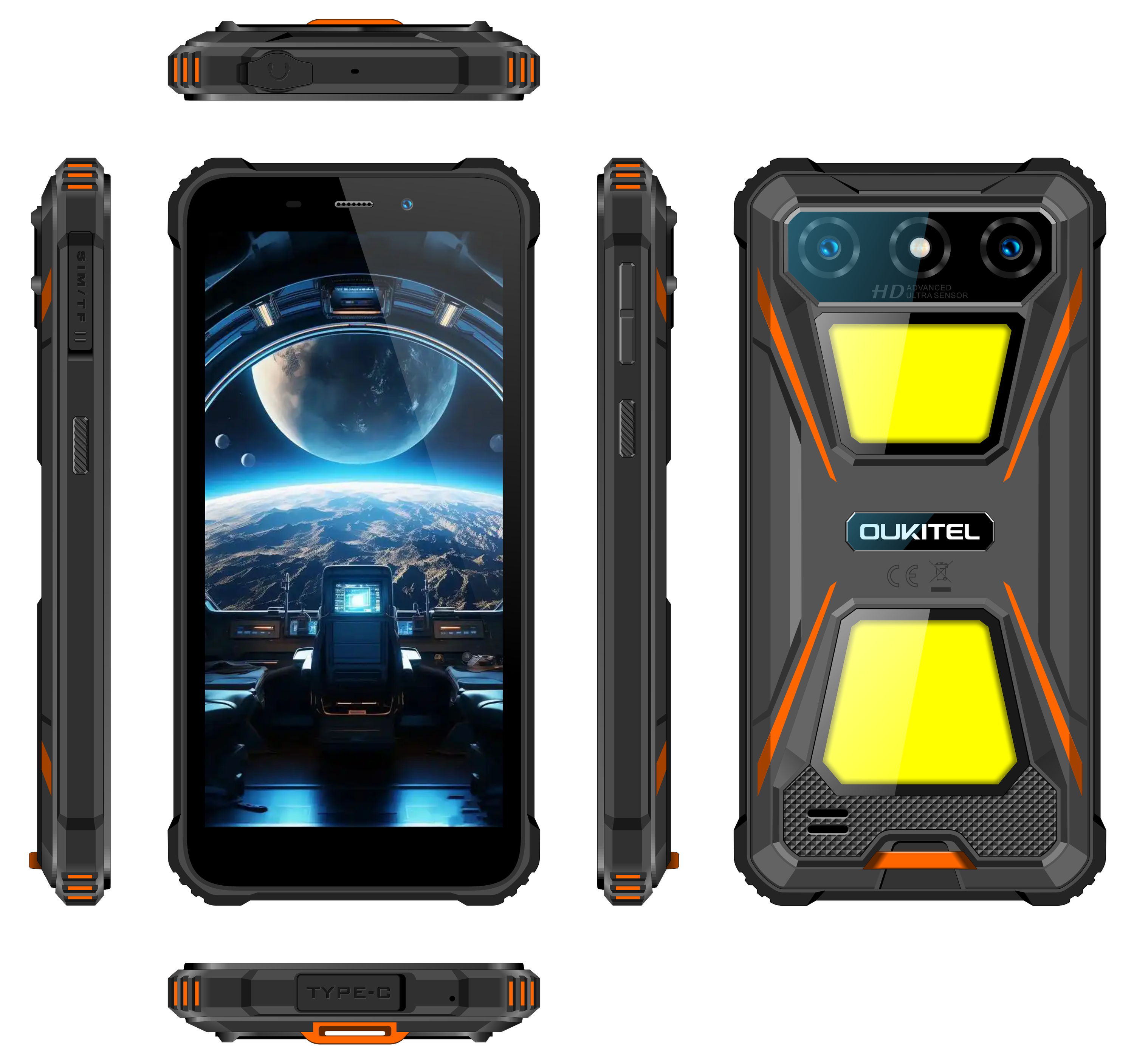 OUKITEL G5 Smartphone Rugged Con Torcia Da 900LM - 16GB RAM +64GB ROM, Espandibile Fino A 1TB, Android 14, Batteria 6300mAh, Doppia Cam 13+5MP, IP68, BT5.0, GPS, OTG - Colore Arancio