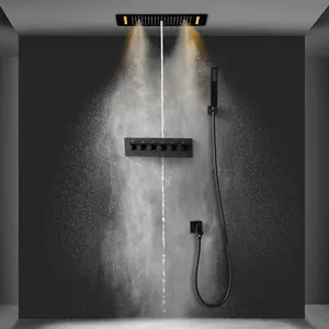 Luxe 380*700Mm Matzwarte Regendouche Set Badkamer Led Plafond Gemonteerde Thermostatische Douche Mixer