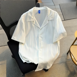 Camisa Casual Vintage para Hombre 2025, Cuello en V, Sin Plancha, Rayas Verticales, Tejido Texturizado de Seda/Algodón, Transpirable, Manga Corta Holgada - Product Image 2