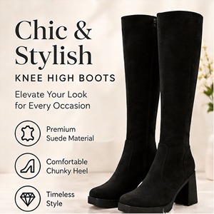 <span class=keywords><strong>Botas</strong></span> Altas de Gamuza <span class=keywords><strong>Negra</strong></span> para <span class=keywords><strong>Mujer</strong></span>, con Tacón Grueso y Cómodo, Estilo Atemporal para Otoño e Invierno, Logotipo Personalizado al por Mayor, OEM - Product Image 1
