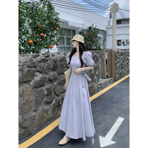 Vestido de Verano Estilo Francés con Cuello en V, Manga Corta, Cintura Alta, Corte A y Falda Larga para Mujer, Ligero e Informal - Product Image 1