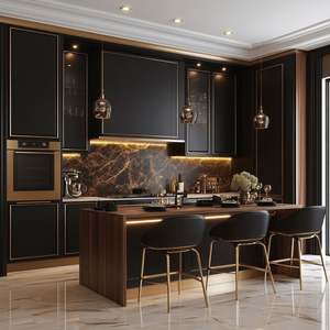 Muebles de Cocina de Estilo Moderno en Negro de Lujo, Isla de Cocina con Almacenamiento, Mesas de Madera, Gabinetes de Cocina con Accesorios de Luz para el Salpicadero - Product Image 1