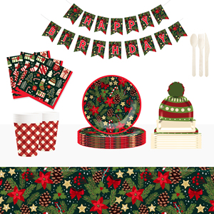 DAMAI Christmas Customized Red Flower and Green Christmas Tree Pattern Party Tableware Set Disposable Christmas Paper Plates - Product Image 1