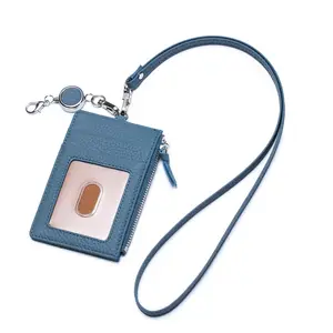 New genuine leather card bag certificate bag Simple fashion easy to pull buckle lanyard hanging neck certificate cover