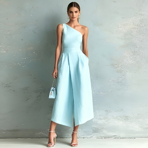 Mono casual de verano para mujer, azul claro, de un solo hombro, pierna ancha, sin mangas, cintura natural, estilo <span class=keywords><strong>culotte</strong></span> - Product Image 1