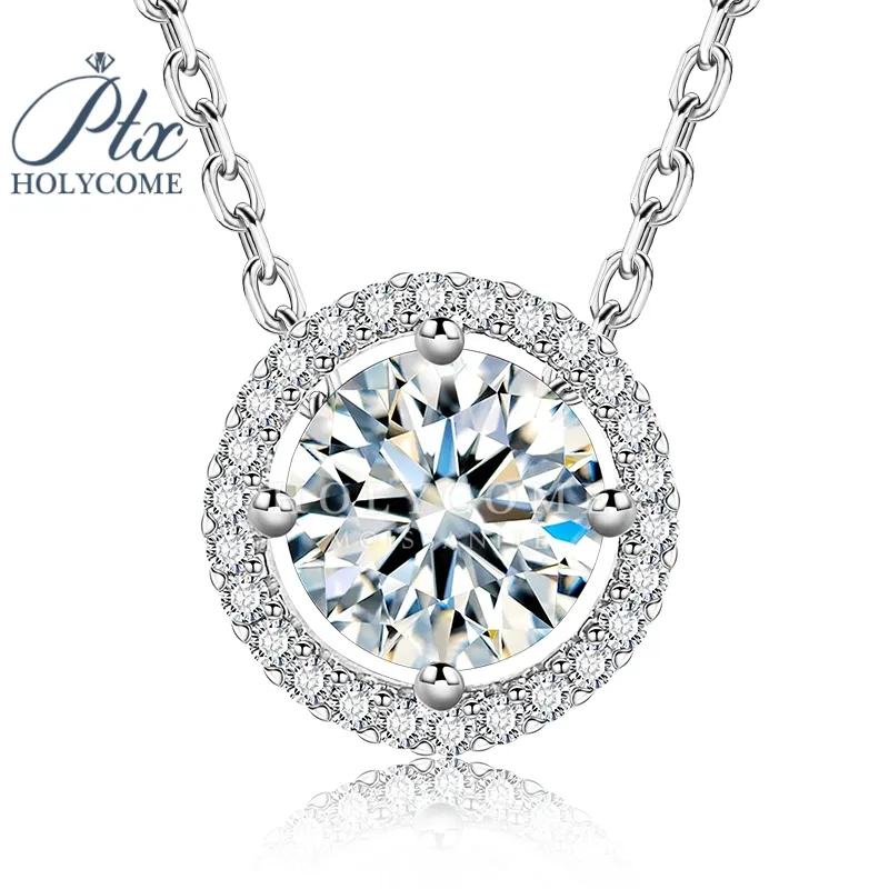 Colar de Moissanite com pingente de prata 925 e diamante de corrente GRA 1ct VVS com desenho de auréola redondo