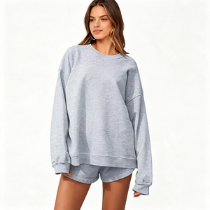 Ensemble décontracté 2 pièces surdimensionné pour femme : <span class=keywords><strong>sweat</strong></span>-shirt à col rond et short de survêtement, gris uni 340g, 100% coton, idéal pour l'automne - Product Image 1