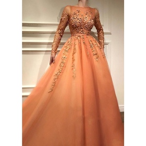 Full Sleeves Formal Evening Dress With Lace Appliques Tulle Long Prom Gowns Celebrity Party Prom Wear