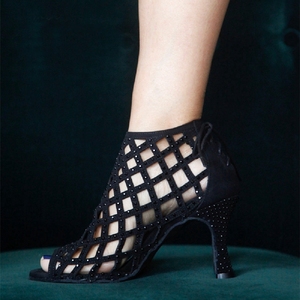 Nouvelles Bottes de Danse Latine Noires en Cuir Fendu avec Strass pour Tango, Salsa et Danse de Salon, Talon de 7,3 cm, Idéales pour les Fêtes - Product Image 3