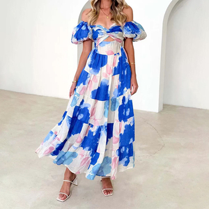 Nouvelle Robe de Soirée Maxi Lavable à Manches Courtes Imprimé Floral, Élégante et Décontractée, Style Français, Dos Nu, Épaule Dénudée, Haute Qualité, pour l'Été - Product Image 1