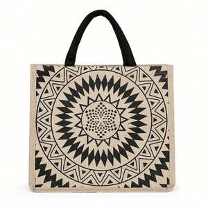 Bolso de Hombro de Yute de Gran Capacidad Estilo Bohemio, Bolso de Compras Geométrico Retro, Bolso de Playa de Cáñamo para Mujer - Product Image 1