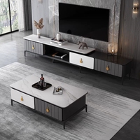 Ensemble meuble TV et table basse gris moderne avec plateau en marbre blanc et pieds dorés, meuble de rangement pour salon
