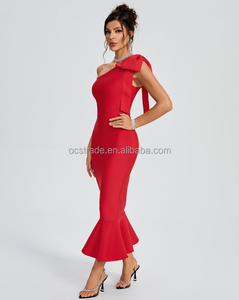 Toptan seksi bir omuz tasarım bandaj elbise küçük trompet elastik Bodycon kırmızı katı kokteyl elbise yay ile - Product Image 3