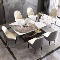 Table à manger de luxe en or avec plateau en marbre et pieds en métal, 6 places, moderne, rectangulaire, ensemble table et chaises de salle à manger