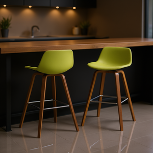 Ensemble de 2 tabourets de bar Randolph en bois courbé, couleur vert acide, structure en bois, revêtement en cuir PU, design moderne - Product Image 2