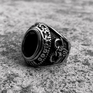Joyería de Satán Vintage personalizada, anillo de acero inoxidable 3D gótico satánico, cabeza de cabra, masónico, todos los ojos, con piedra de ágata negra - Product Image 6