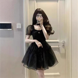 Black Puff Sleeve Dress For Women Summer French Chic Princess Style A Line Mesh Short Skirt Sweetheart Neckline Fitted Waist - Product Image 3