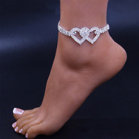 성격 더블 사랑 심장 Anklets 여성을위한 럭셔리 멀티 레이어 발 팔찌 Anklets 스파클링 크리스탈 체인 구두 팔찌