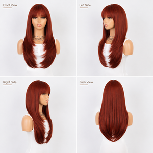 Perruque synthétique longue et droite rouge auburn pour <span class=keywords><strong>femme</strong></span>, <span class=keywords><strong>avec</strong></span> <span class=keywords><strong>frange</strong></span> complète, résistante à la chaleur, sans colle, naturelle et ajustable – Fournisseur d'usine - Product Image 4