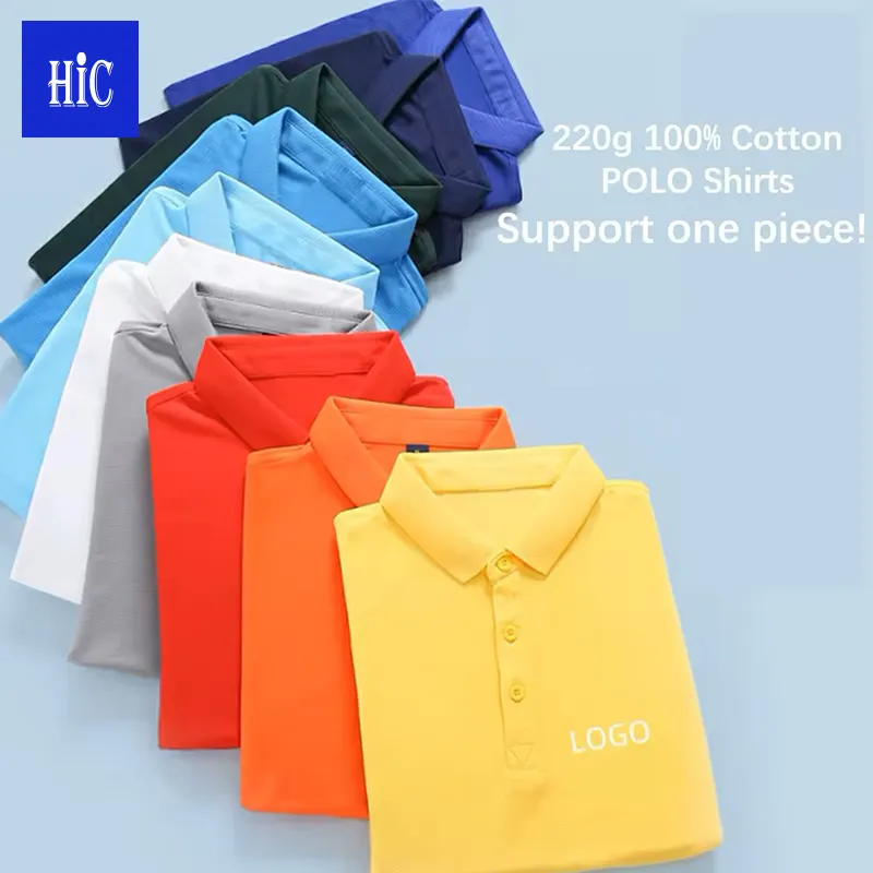 HIC Kaus Polo Pria Katun 220G 100% Desain Bordir Kustom Uniseks Lengan Pendek Kaus Iklan Kaus Tenis Polo