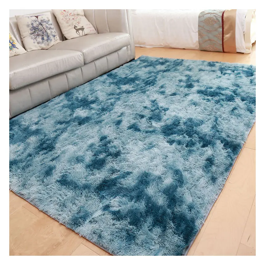 Tapis à poils longs, bleu mat, décoration de chambre à coucher, design moderne et pelucheux