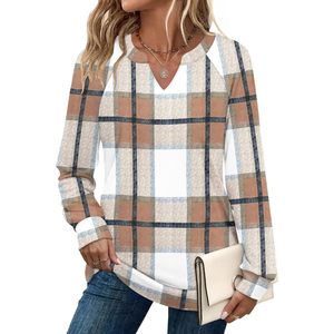 FOXA Women's V Neck Long Sleeve Plaid Sweatshirt Lightweight Casual Autumn <b>Top</b> Breathable Fashion Sweater Outfit - Product Image 1