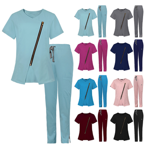 Ensemble de blouses médicales pour femmes, uniforme d'infirmière, tenue de travail, fermeture éclair sur le devant, manches courtes, tissu sergé, pour l'hôpital - Product Image 1