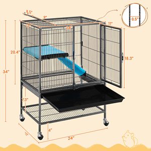 Cage à roulettes en métal pour rats/furets/chinchillas adultes, cage pour petits animaux avec rampe et plateforme amovibles, noire - Product Image 4
